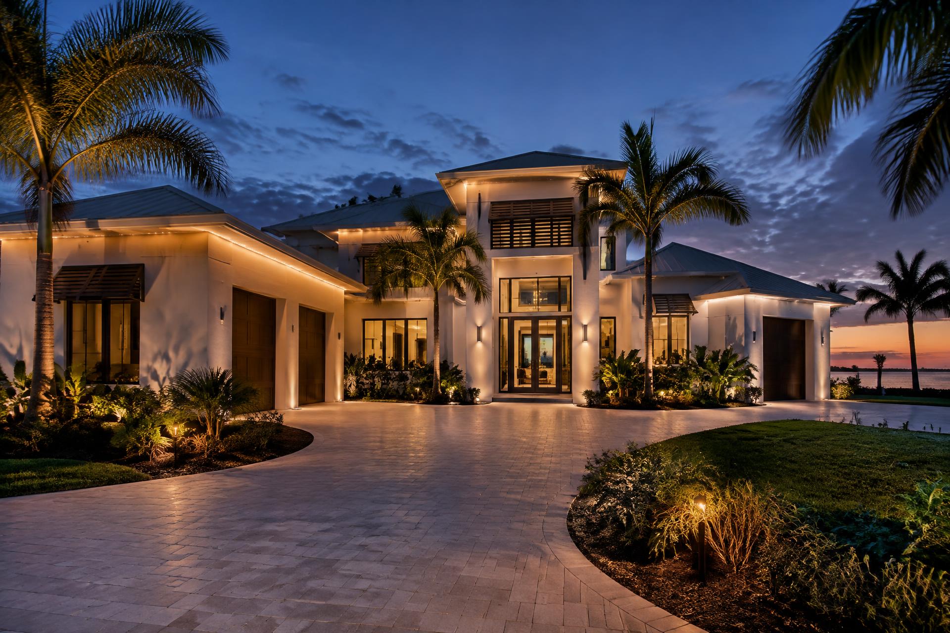 Coastal contemporary home illuminated at blue hour