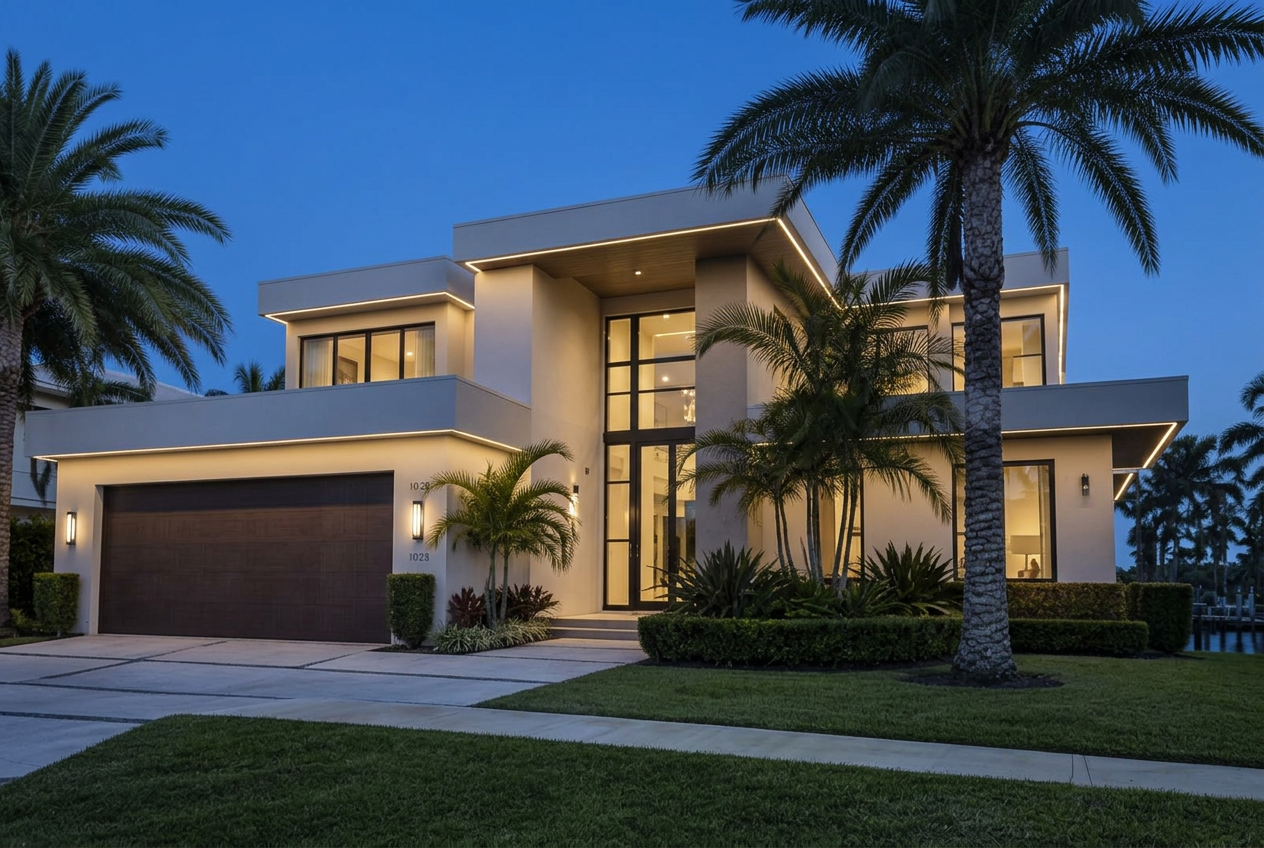 Contemporary Florida coastal home at twilight with warm-white architectural lighting